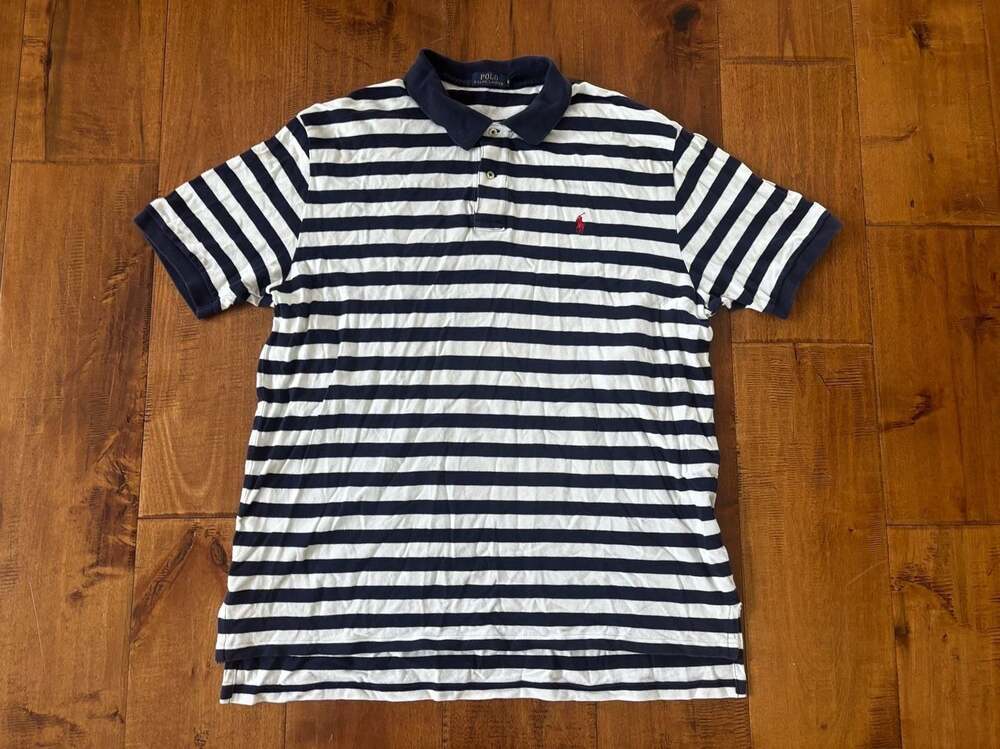 Polo Ralph Lauren Men's Navy and White Striped Short Sleeve Pique Polo Shirt